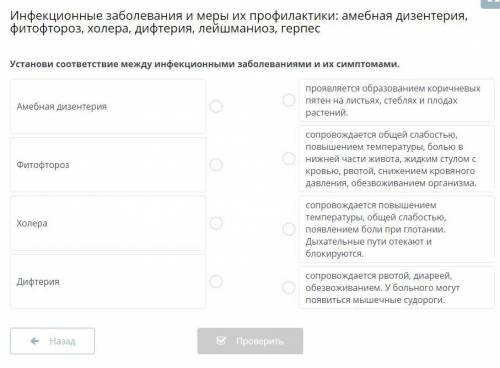 Установи соответствие между инфекционными заболеваниями и их симптомами.