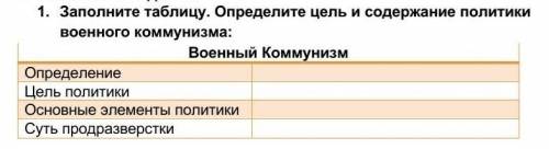 1. Заполните таблицу. Определите цель и содержание политики военного коммунизма:​