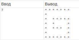 Вывести спираль в виде звёздочек. Формат ввода Целое нечётное число — размер области неба в двух изм