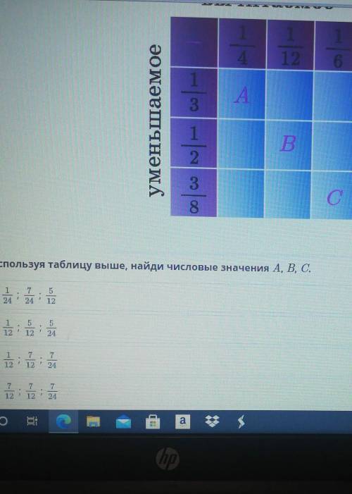 1 1112614АуменьшаемоеB.2СоюОИспользуя таблицу выше, найди числовые значения А, В, С.1т512112а;Б12241