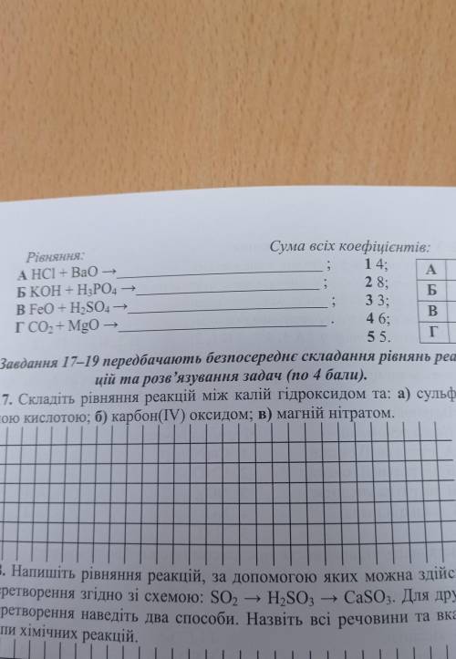 закінчіть рівняння реакцій та встановіть відповідність між рівнянями і сумою всіх коефіцієнтів у ньо
