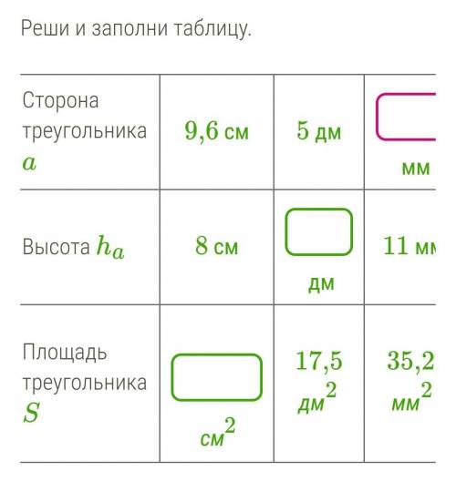 Сторона треугольника a 9,6 см5 дм ммВысота ha 8 см дм11 ммПлощадь треугольника S см2 17,5 дм2 35,2