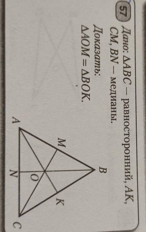 57) Дано: ДАВС - равносторонний, АК,CM, BN — медианы.BДоказать:ДАОМ = ДВОК.​