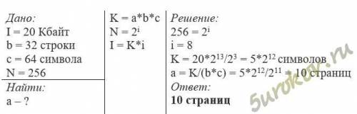 Реферат учащегося по информатике имеет объём 20Кбайт. Каждая страница реферата содержит 32 строки по