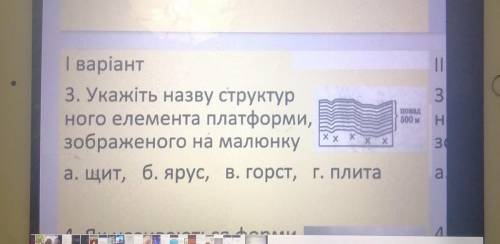 І варіант 3. Укажіть назву структурного елемента платформи,зображеного на малюнкуa. щит, б. ярус, в.