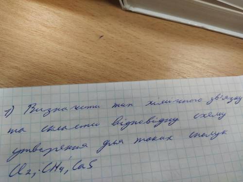 Визначити тип хімічного зв'язку та скласти відповідну схему утворення для таких сполук:Cl2,CH4,CaS