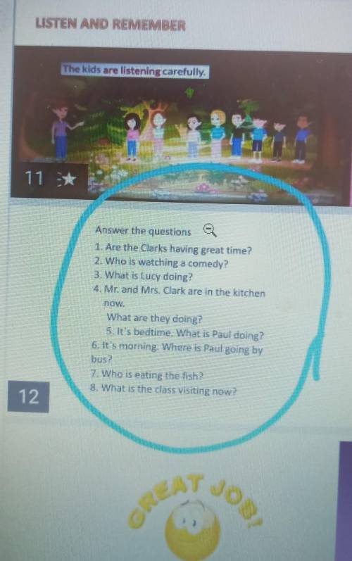 Answer the questions 1. Are the Clarks having great time?2. Who is watching a comedy?3. What is Lucy