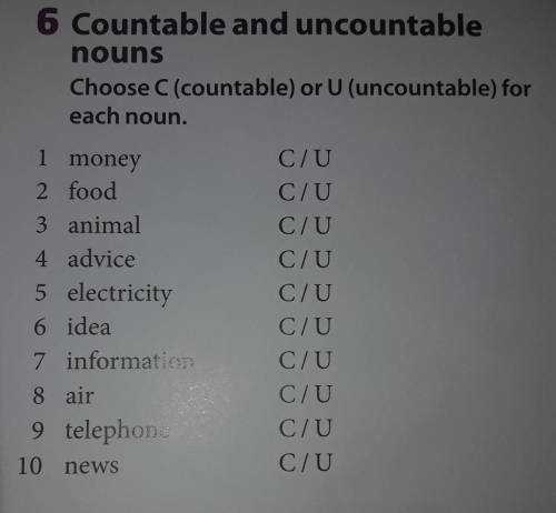 6 countable and uncountable nouns choose c(countable) or u (uncountable) for each noun.​