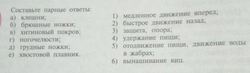 Составьте парные ответы: а) клешни;б) брюшные ножки;в) хитиновый покров;г) ногочелюсти;д) грудные но