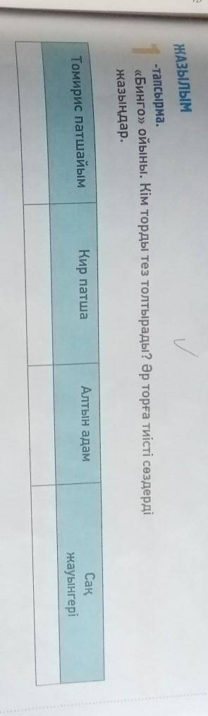 ЖАЗЫЛЫМ 1 Таргарна.-тапсырма.«Бинго» ойыны. Кім торды тез толтырады? Әр торға тиісті сөздердіжазыңда