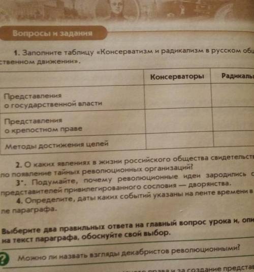 История 9 класс Таблица! таблица Консерватизм и радикализм в русском общественном движении заполнить