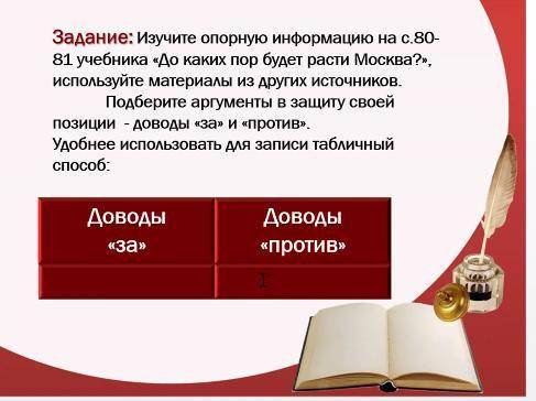 Задание: Изучите опорную информацию на с.80-81 учебника «До каких пор будет расти Москва?», использу