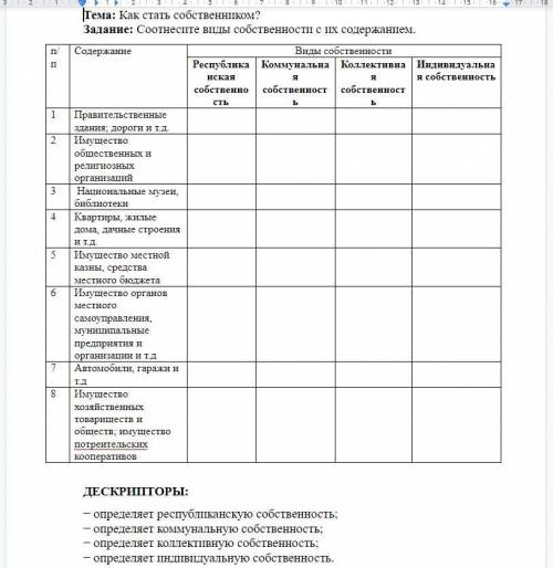 Тема: Как стать собственником? Задание: Соотнесите виды собственности с их содержанием.