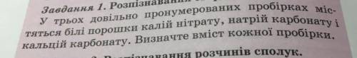 В трьох довільно пронумерованих пробірках міститься білі порошки калій нітрату, натрій карбонату і к