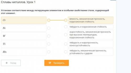 Установи соответствие между легирующим элементом и особыми свойствами стали, содержащей этот элемент