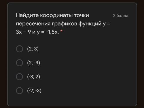 Найдите координаты точки пересечения графиков функций у = 3х – 9 и у = -1,5х