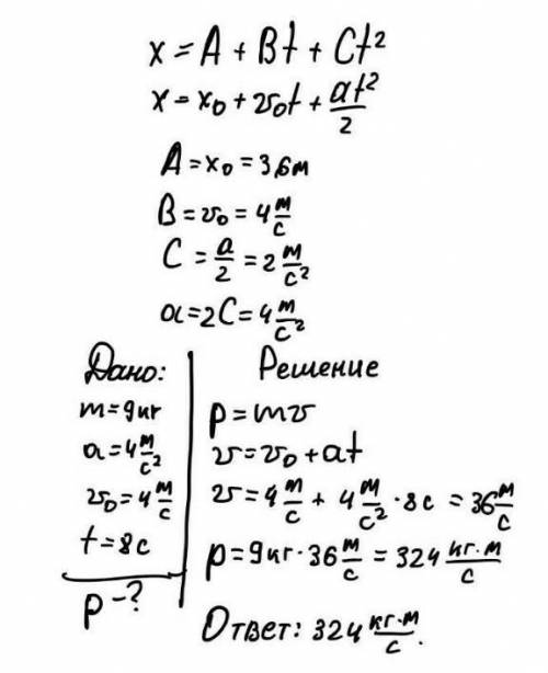 Кинематический закон движения тела имеет вид x=A+Bt+Ct2, где A = 5,7 м, B= 1 м/с, C= 4 м/с². Найди м