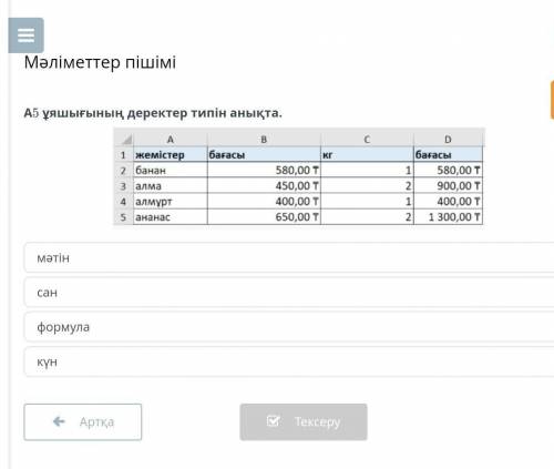 MS Excel-де деректердің негізгі типтерін анықта.