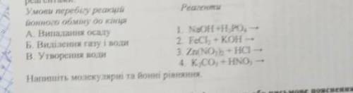 Установіть відповідність між умовами перебігу реакцій йонного обміну до кінця та реагентами​