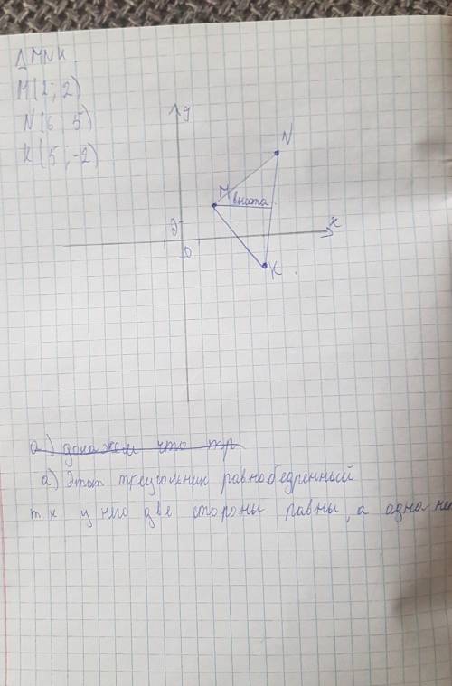 треугольник MNK задан координатами своих вершиня M (2;2), N (6;5), K (5;-2). а)доказать что треуголь