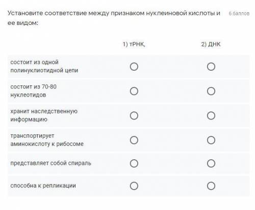 Установите соответствие между признаком нуклеиновой кислоты и ее видом (тРНК и ДНК): 1) состоит из о