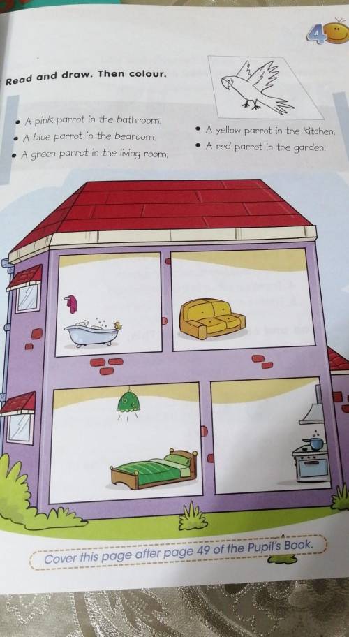 2 Read and draw. Then colour. 40• A pink parrot in the bathroom.A blue parrot in the bedroom.. A gre