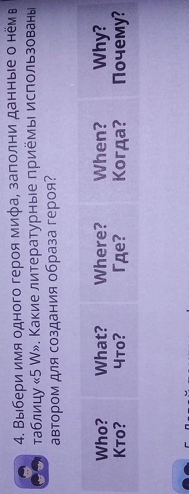 4. Выбери им одного героя миа аполни данные о не таблицу «S W. Какие литературные приемы использован