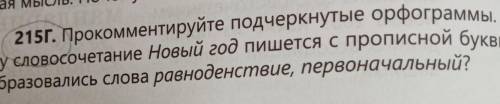 215г. Прoкoммeнтируйте подчеркнутые орфограммы. Поче- му словосочетание Новый год пишется с прописно