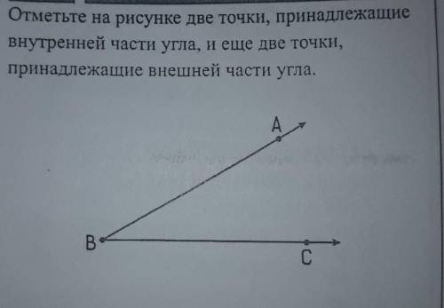 Отметьте на рисунке две точки,принадлежащие внутренней части угла,и еще две точки,принаддежащие внеш