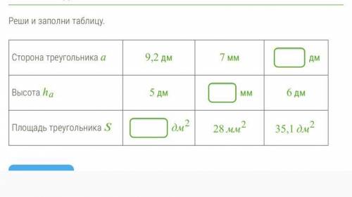 Реши и заполни таблицу. Сторона треугольника а 9.2 дм 7 мм ДМ Высота ha 5 дм MM 6 дм Площадь треугол