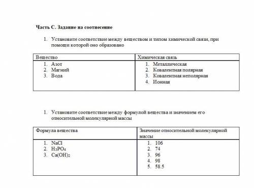 1.Установите соответствие между веществом и типом химической связи