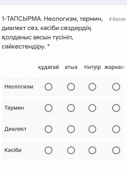 1-ТАПСЫРМА. Неологизм, термин, диалект сөз, кәсіби сөздердіңқолданыс аясын түсініп,сәйкестендіру. *қ