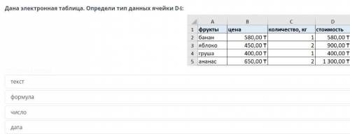 Дана электроная таблица. определи тип данных ячейки D4