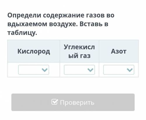 Определи содержание газов во вдыхаемом воздухе. Вставь в таблицу.​