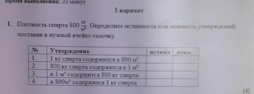 1. Плотность спирта 800 Определите истинность или ложность утверждений, поставив в нужной ячейке гал