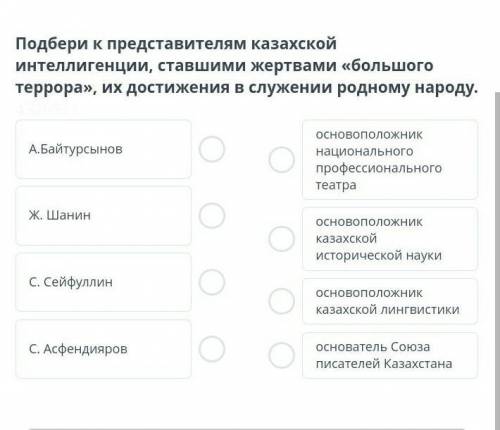  Подбери к представителям казахской интеллигенции, ставшими жертвами «большоготеррора», их достижени
