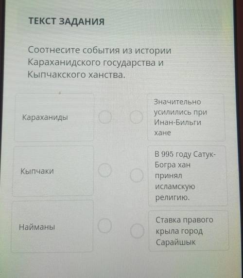 ТЕКСТ ЗАДАНИЯ Соотнесите события из историиКараханидского государства иКыпчакского ханства.Караханид