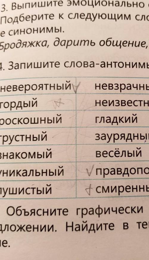 4. Запишите слова-антонимы парами: невероятный, невзрачныйгордыйнеизвестныйроскошныйгладкийгрустный