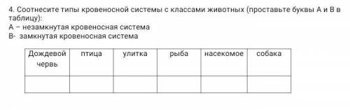 соотнесите типы кровеносной системы с классами животных (проставьте буквы А и В в таблицу) ​