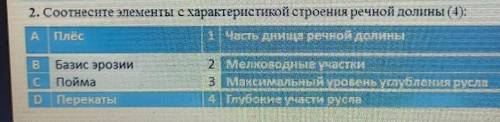 2. Соотнесите элементы с характеристикой строения речной долины (4): А Плес1 Часть днища речной доли