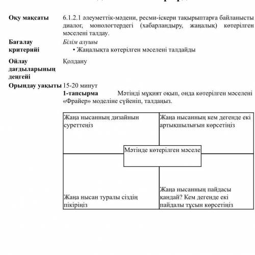 15-20 минут 1-тапсырма​Мәтінді мұқият оқып, онда көтерілген мәселені «Фрайер» моделіне сүйеніп, талд