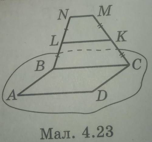 Квадрат abcd і трапеція bcmn у якої bc||mn не лежать в одній площині. точка l - середина nb, точка k