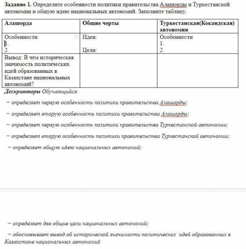 помагите Задание 1. Определите особенности политики правительства Алашорды и Туркестанской автономии