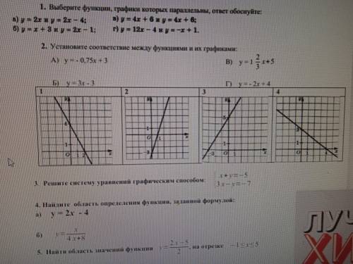 Установите соответствие между функциями и их графиками: А) у = - 0,75х + 3В) у = 1 2(дробь)3 x+5Б) у