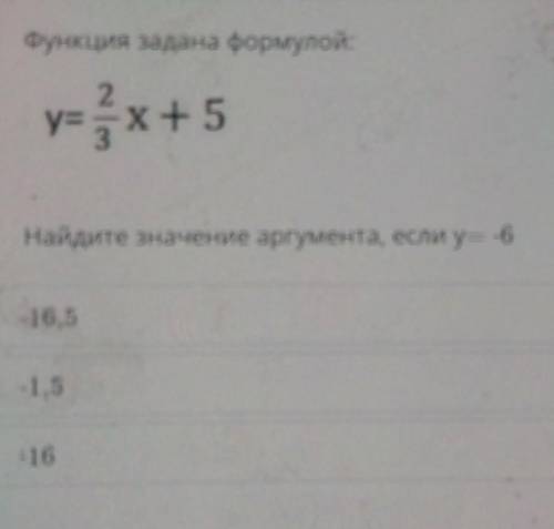 Функция задана формулой: 2y=хНайдите значение аргумента, если у= -616,5-1,5:16​