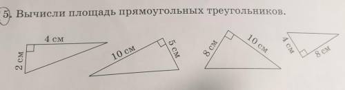 5. Вычисли площадь прямоугольных треугольников. 4 см10 см8 см4 см.2 см10 см8 см​