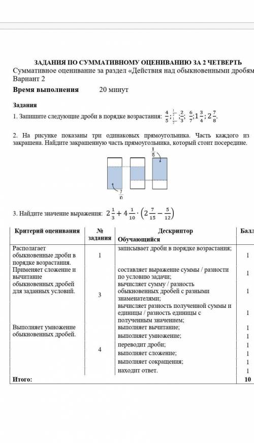 ЗАДАННЯ ПО СУМАТИВНОГУ ОЦЕНИВАННЮ ЗА 2 ЧЕТВЕРТЬ Суммативное оценивание за раздел «Действия над обыкн