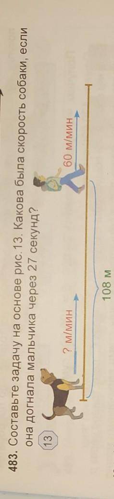 483. Составьте задачу на основе рис. 13. Какова была скорость собаки, если Она догналя мальчика чере