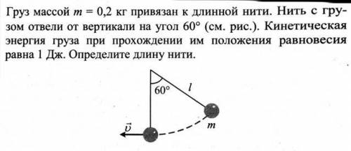 Груз массой m= 0,2 кг привязан к длинной нити. Нить с грузом отвели от вертикали на угол 60° (см. ри