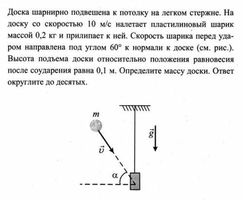 Доска шарнирно подвешена к потолку на легком стержне. На доску со скоростью 10 м/с налетает пластили